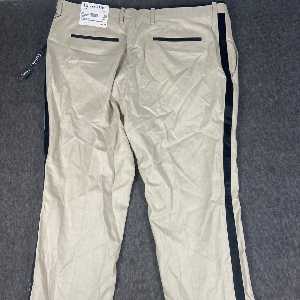 Paisley & Gray Men's Slim Fit Tuxedo Dress Pants 36x32 Black Stripe Beige - Picture 3 of 8